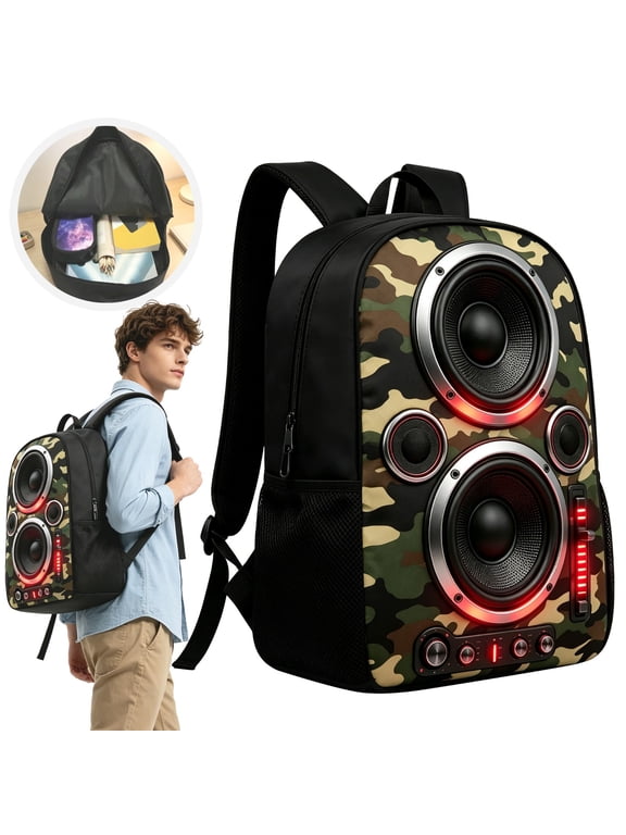 Large-Capacity Camouflage Backpack with Music Speaker Print, Sturdy Laptop Travel Daypack with Multiple Pockets for Campus, College, Commuting, Outdoor Activities, Hiking, Camo, By Cosmug