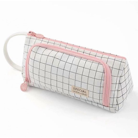 Large Capacity Canvas Pencil Case Portable Dual Layer Pencil Pouch Black and White Check