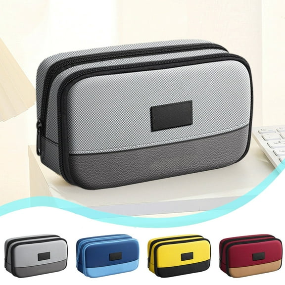 Large Capacity Canvas Pencil Case | Vertical Stationery Storage Bag Organizer | Magnetic Flip Cover | Multi-Function Pouch For Pens, Highlighters, Makeup Brushes | 22x13x7.5cm | Blue Red Gray Yellow