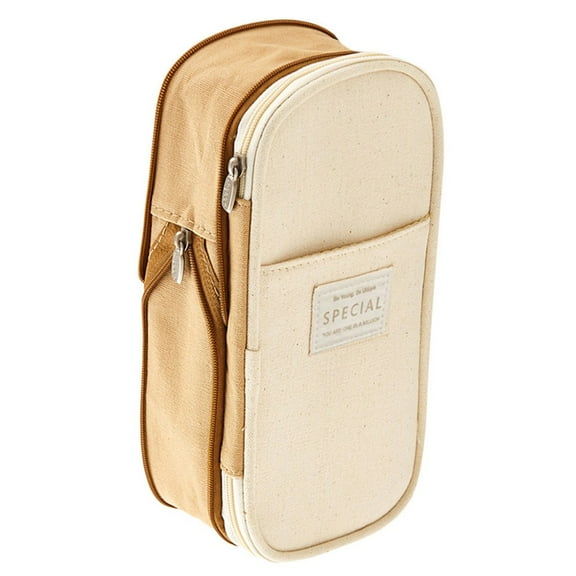 Large Capacity Canvas Pencil Case Zippered Pen Pouch Organizer Holds Pens Office Art Supplies Travel Toiletry Bag Multipurpose(Khaki)