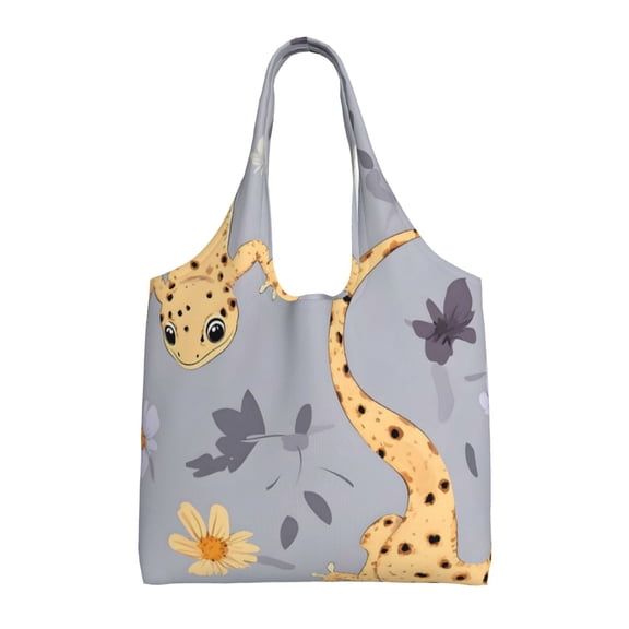Large-Capacity Canvas Shoulder Bag Tote Bag Ideal For Shopping Groceries Travel Storage And Everyday Use Cartoon Leopard Gecko Reptile