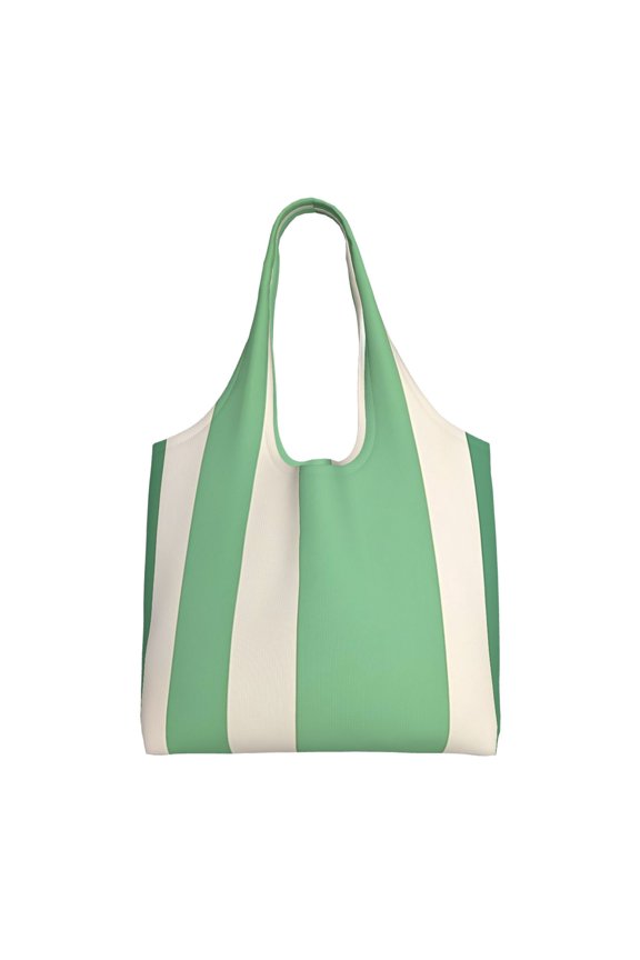 Large-Capacity Canvas Shoulder Bag Tote Bag Ideal For Shopping Groceries Travel Storage And Everyday Use Lightgreen Stripe_18292_3