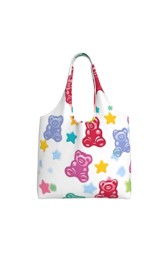 Large-Capacity Canvas Shoulder Bag Tote Bag Ideal For Shopping Groceries Travel Storage And Everyday Use Little Bear Gummy Bears