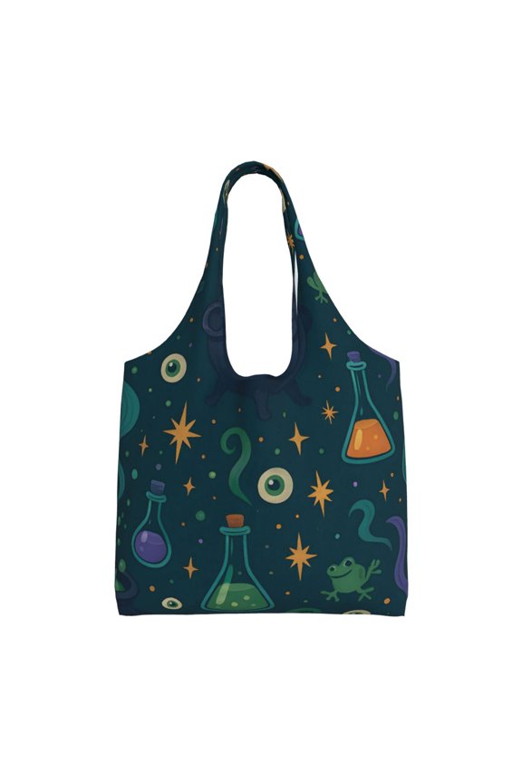 Large-Capacity Canvas Shoulder Bag Tote Bag Ideal For Shopping Groceries Travel Storage And Everyday Use Magical Potion Halloween Pattern