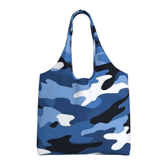 Large-Capacity Canvas Shoulder Bag Tote Bag Ideal For Shopping Groceries Travel Storage And Everyday Use Vector Camouflage Pattern Blue_2