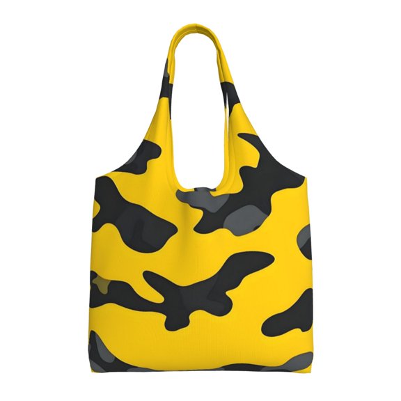 Large-Capacity Canvas Shoulder Bag Tote Bag Ideal For Shopping Groceries Travel Storage And Everyday Use Vector Camouflage Pattern Yellow_2