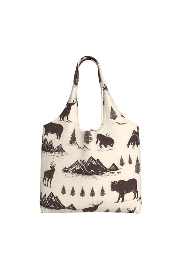 Large-Capacity Canvas Shoulder Bag Tote Bag Ideal For Shopping Groceries Travel Storage And Everyday Use Wildland Mountain Animals