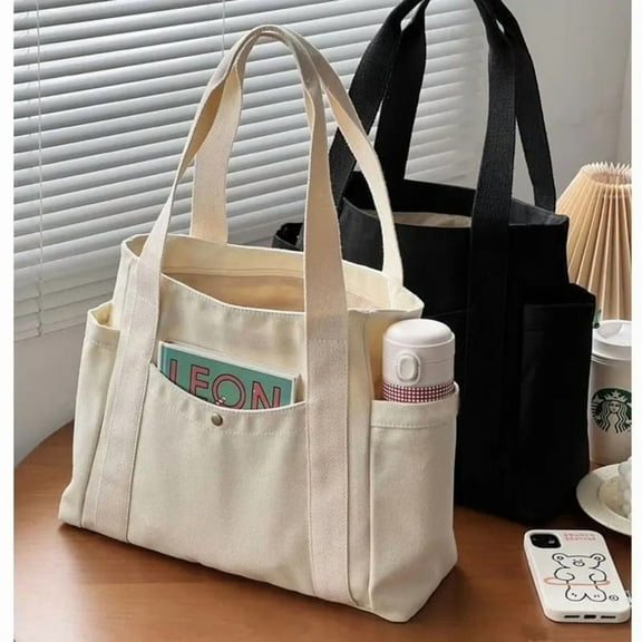 Large Capacity Canvas Tote Bag - Work Commuting & College Student Shoulder Bag - Heavy-Duty Book Bag, Stylish Shopping Tote for Women & Men