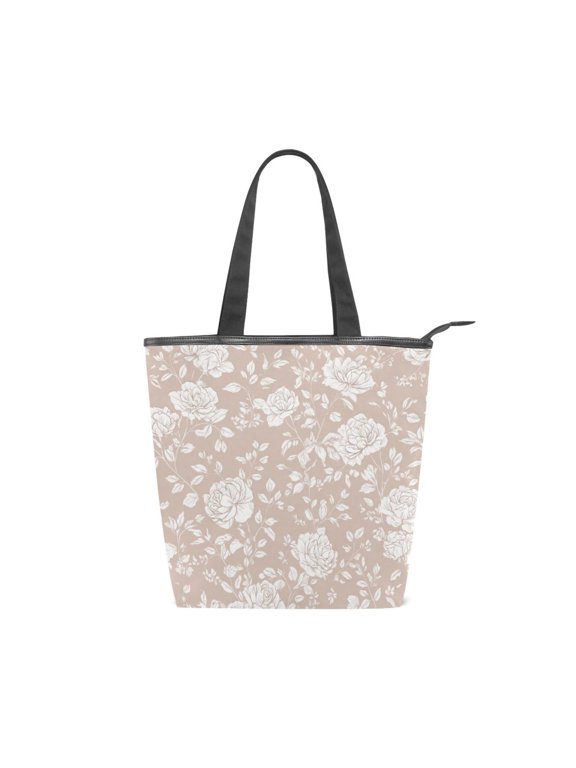 Large Capacity Canvas Tote Bag with Zipper, Durable Canvas & Leather Shoulder Handbag, All-over Print Tote for Work Commuter Shopping Travel Beige Background Rose Print