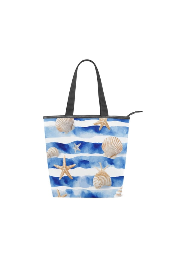 Large Capacity Canvas Tote Bag with Zipper, Durable Canvas & Leather Shoulder Handbag, All-over Print Tote for Work Commuter Shopping Travel Blue Nautical Stripes Pattern