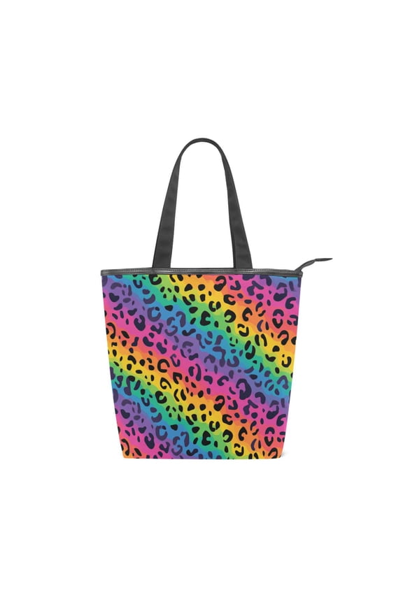 Large Capacity Canvas Tote Bag with Zipper, Durable Canvas & Leather Shoulder Handbag, All-over Print Tote for Work Commuter Shopping Travel Bright Rainbow Stripe Cheetah Print