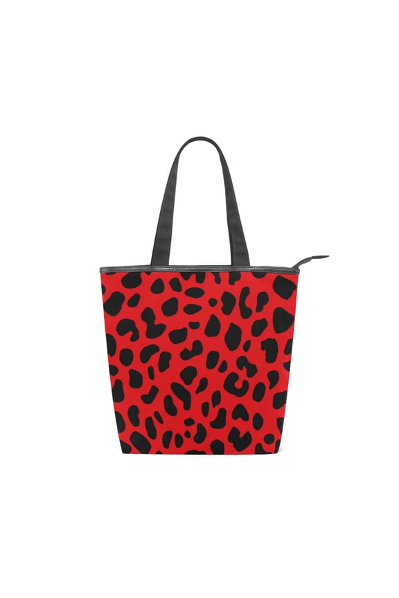Large Capacity Canvas Tote Bag with Zipper, Durable Canvas & Leather Shoulder Handbag, All-over Print Tote for Work Commuter Shopping Travel Classic Red Black Cheetah Pattern