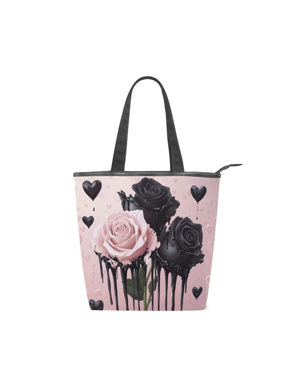 Large Capacity Canvas Tote Bag with Zipper, Durable Canvas & Leather Shoulder Handbag, All-over Print Tote for Work Commuter Shopping Travel Dark Romance Roses Pattern