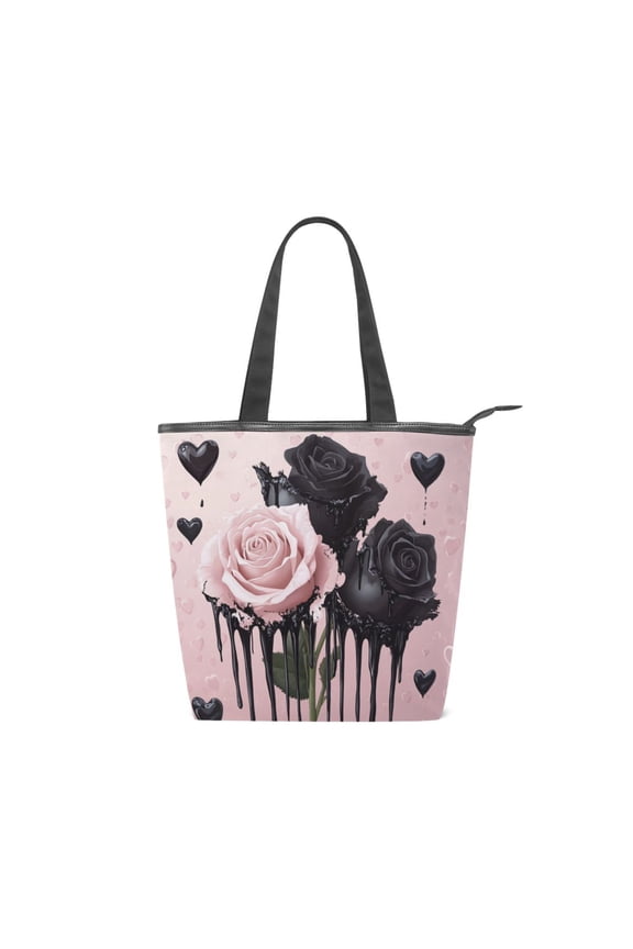 Large Capacity Canvas Tote Bag with Zipper, Durable Canvas & Leather Shoulder Handbag, All-over Print Tote for Work Commuter Shopping Travel Dark Romance Roses Pattern