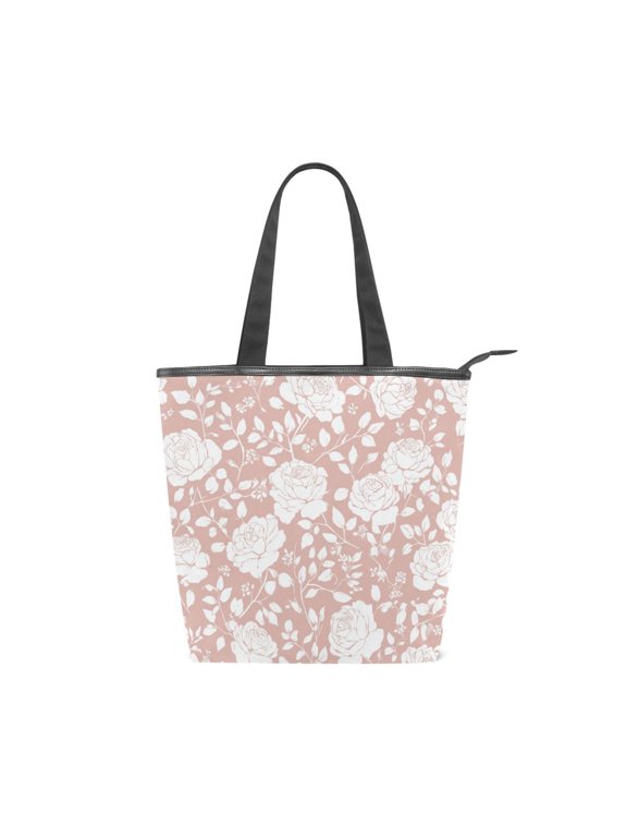 Large Capacity Canvas Tote Bag with Zipper, Durable Canvas & Leather Shoulder Handbag, All-over Print Tote for Work Commuter Shopping Travel Dusty Pink Rose Print