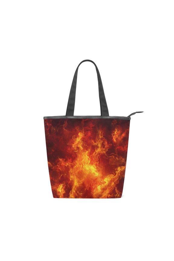 Large Capacity Canvas Tote Bag with Zipper, Durable Canvas & Leather Shoulder Handbag, All-over Print Tote for Work Commuter Shopping Travel Dynamic Fire Flame Pattern
