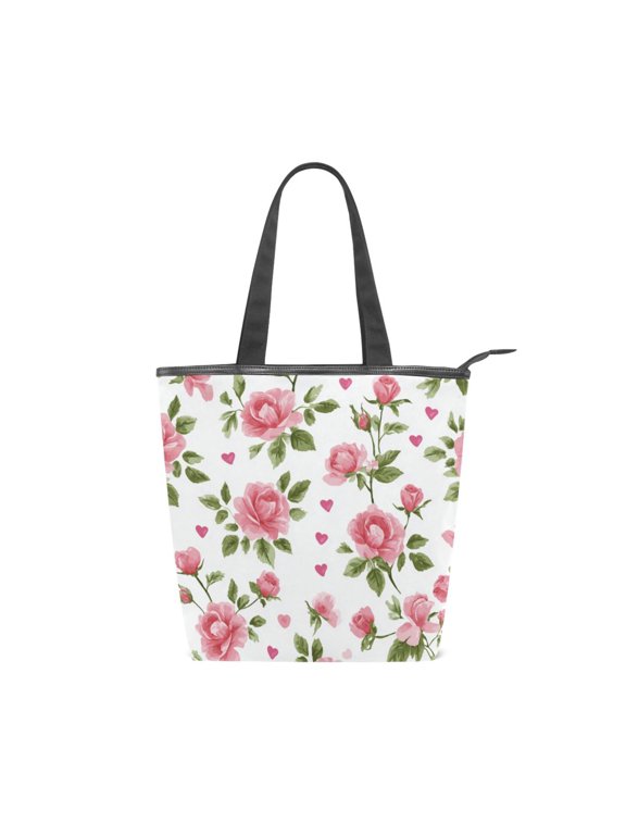 Large Capacity Canvas Tote Bag with Zipper, Durable Canvas & Leather Shoulder Handbag, All-over Print Tote for Work Commuter Shopping Travel Floral Rose Seamless Print