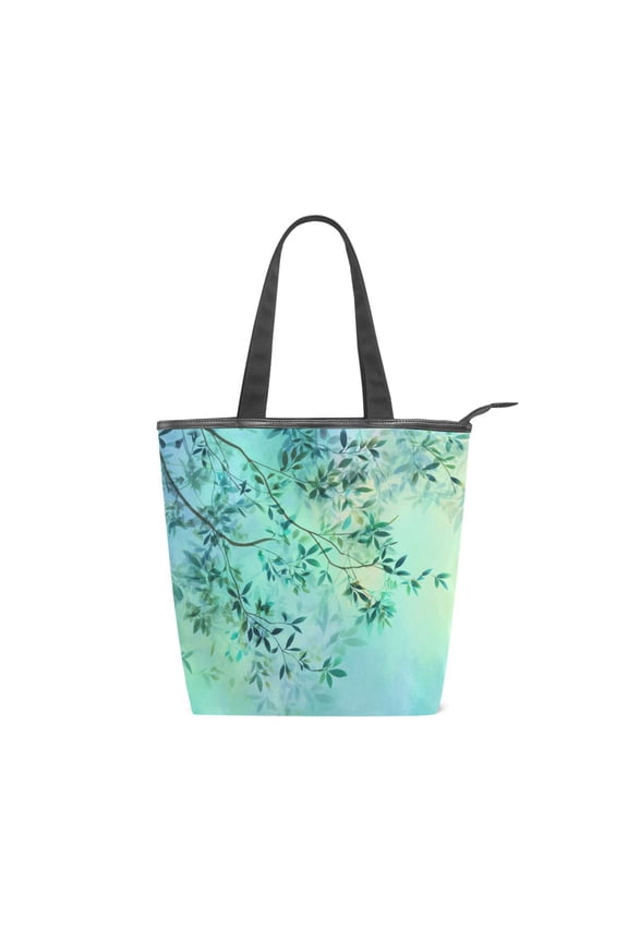 Large Capacity Canvas Tote Bag with Zipper, Durable Canvas & Leather Shoulder Handbag, All-over Print Tote for Work Commuter Shopping Travel Fresh Teal Foliage