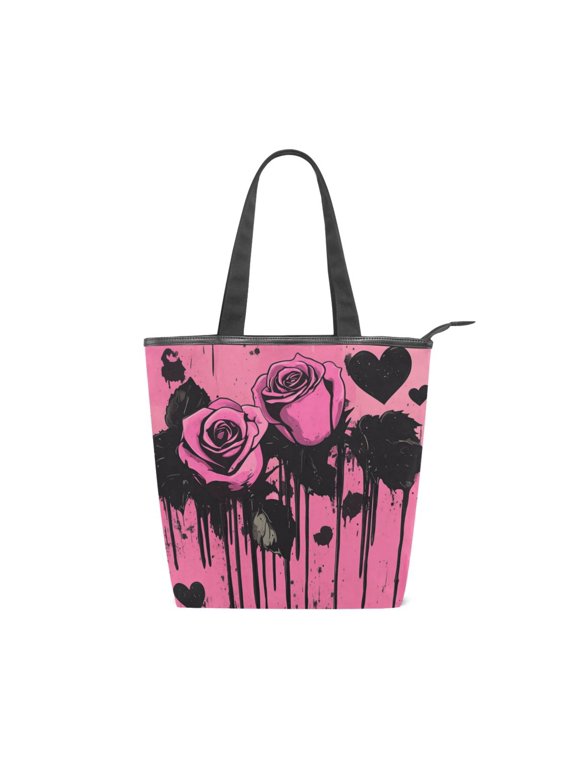 Large Capacity Canvas Tote Bag with Zipper, Durable Canvas & Leather Shoulder Handbag, All-over Print Tote for Work Commuter Shopping Travel Gothic Pink Roses Graffiti