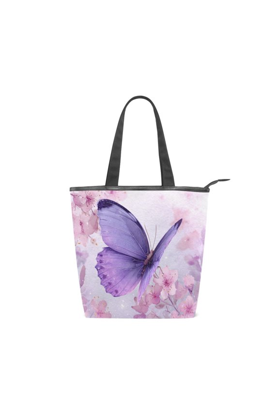 Large Capacity Canvas Tote Bag with Zipper, Durable Canvas & Leather Shoulder Handbag, All-over Print Tote for Work Commuter Shopping Travel Gothic Sakura Butterfly