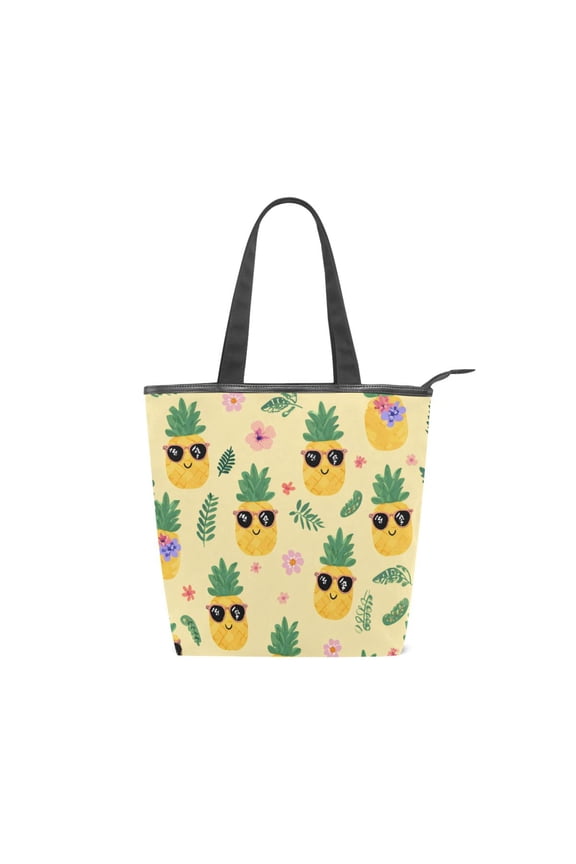 Large Capacity Canvas Tote Bag with Zipper, Durable Canvas & Leather Shoulder Handbag, All-over Print Tote for Work Commuter Shopping Travel Happy Pineapple Summer
