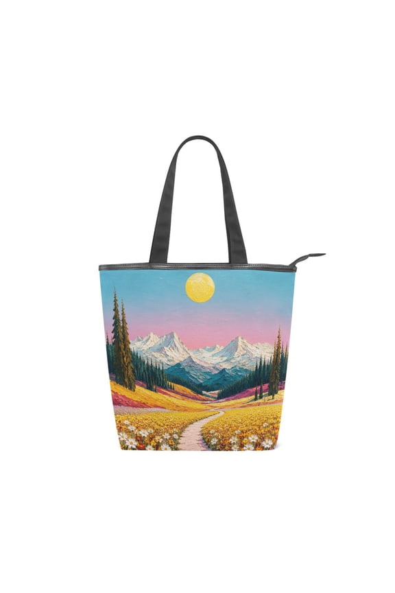 Large Capacity Canvas Tote Bag with Zipper, Durable Canvas & Leather Shoulder Handbag, All-over Print Tote for Work Commuter Shopping Travel Impasto Mountain Flower Path