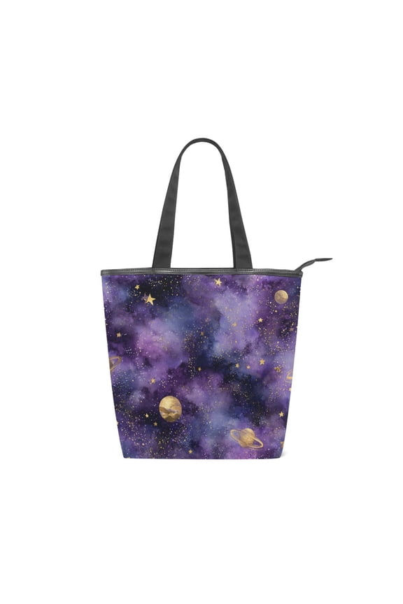 Large Capacity Canvas Tote Bag with Zipper, Durable Canvas & Leather Shoulder Handbag, All-over Print Tote for Work Commuter Shopping Travel Luxury Space Planets Pattern