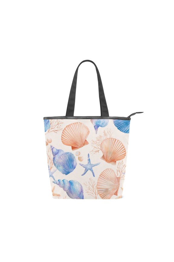 Large Capacity Canvas Tote Bag with Zipper, Durable Canvas & Leather Shoulder Handbag, All-over Print Tote for Work Commuter Shopping Travel Nautical Beach Marine Art