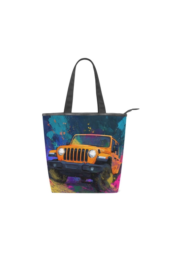 Large Capacity Canvas Tote Bag with Zipper, Durable Canvas & Leather Shoulder Handbag, All-over Print Tote for Work Commuter Shopping Travel Neon Jeep Illustration