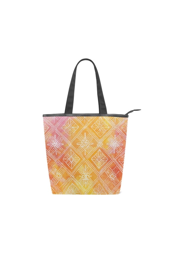 Large Capacity Canvas Tote Bag with Zipper, Durable Canvas & Leather Shoulder Handbag, All-over Print Tote for Work Commuter Shopping Travel Orange Watercolor Batik Print