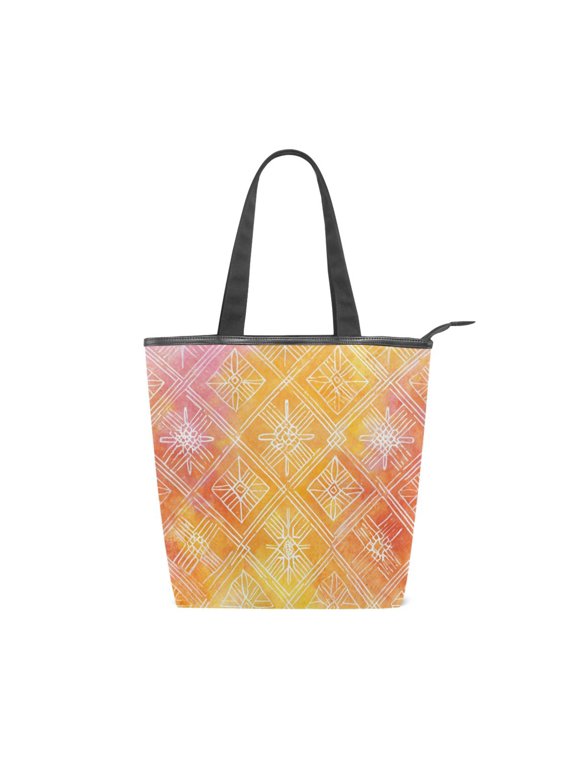 Large Capacity Canvas Tote Bag with Zipper, Durable Canvas & Leather Shoulder Handbag, All-over Print Tote for Work Commuter Shopping Travel Orange Watercolor Batik Print