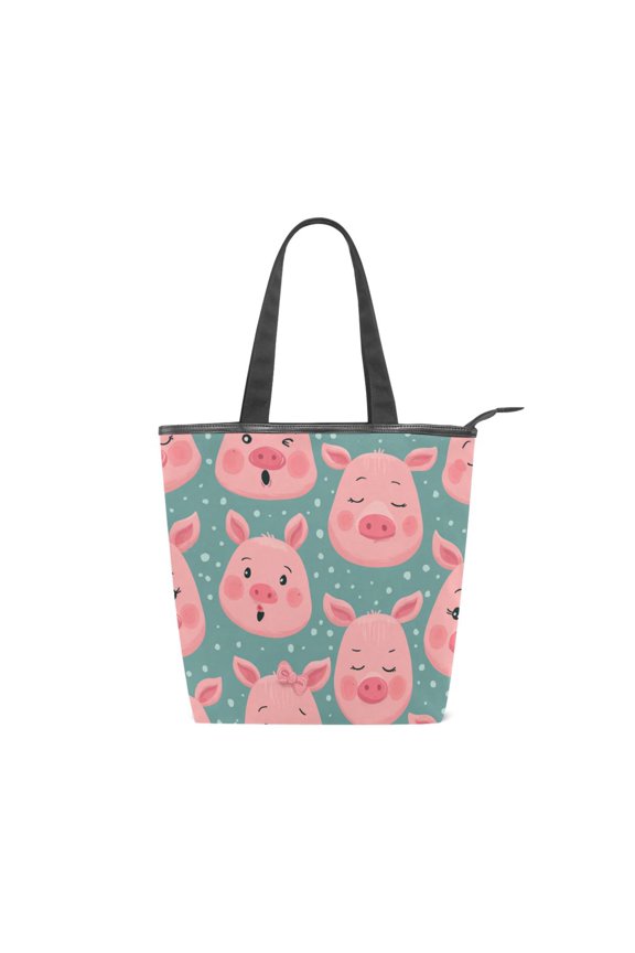 Large Capacity Canvas Tote Bag with Zipper, Durable Canvas & Leather Shoulder Handbag, All-over Print Tote for Work Commuter Shopping Travel Piggy Moods Pattern