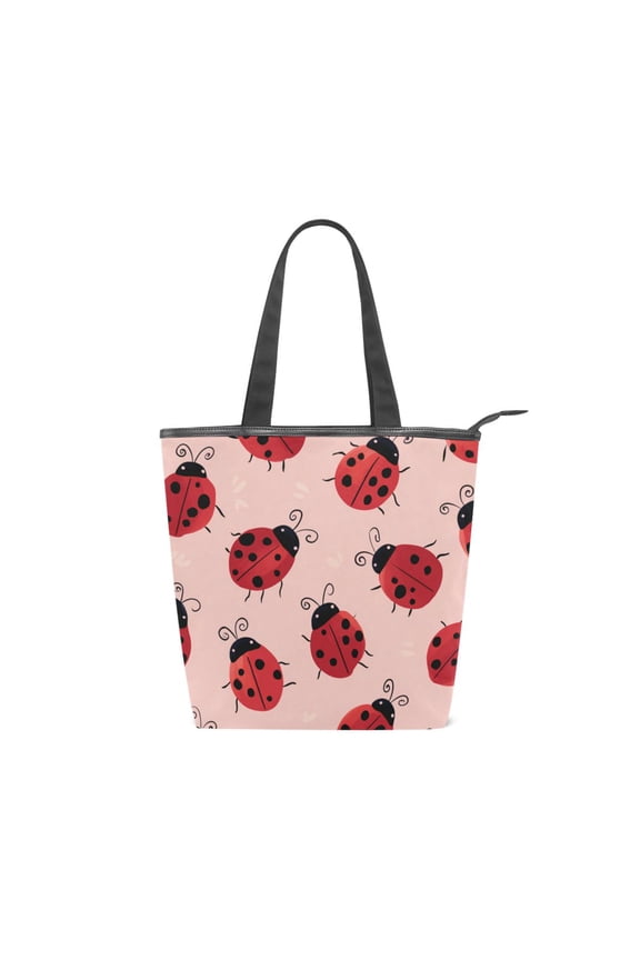 Large Capacity Canvas Tote Bag with Zipper, Durable Canvas & Leather Shoulder Handbag, All-over Print Tote for Work Commuter Shopping Travel Pink Ladybug Print