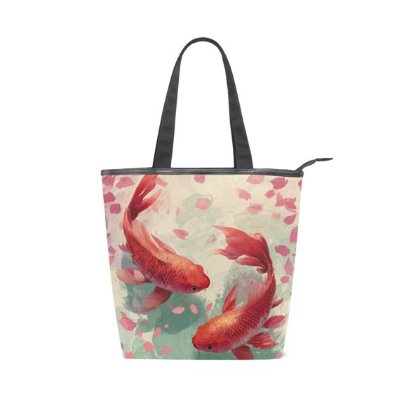 Large Capacity Canvas Tote Bag with Zipper, Durable Canvas & Leather Shoulder Handbag, All-over Print Tote for Work Commuter Shopping Travel Red Koi Harmony