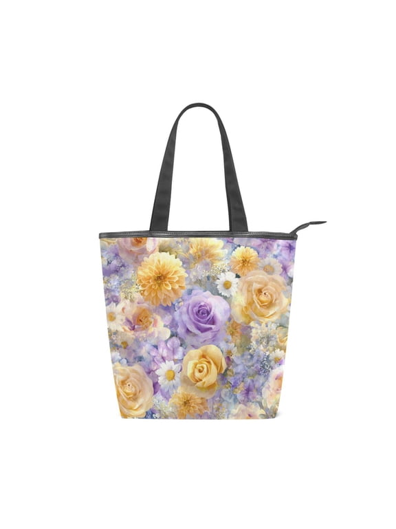 Large Capacity Canvas Tote Bag with Zipper, Durable Canvas & Leather Shoulder Handbag, All-over Print Tote for Work Commuter Shopping Travel Romantic Rose Daisy Pattern