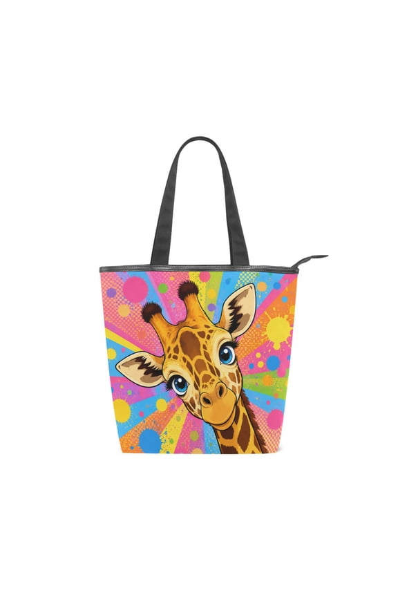 Large Capacity Canvas Tote Bag with Zipper, Durable Canvas & Leather Shoulder Handbag, All-over Print Tote for Work Commuter Shopping Travel Smiling Giraffe Pop Art