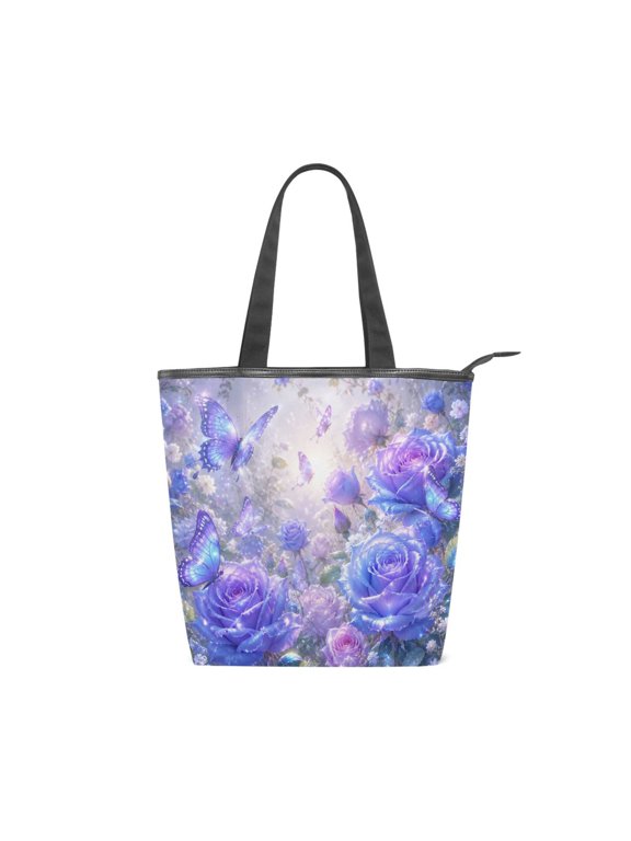 Large Capacity Canvas Tote Bag with Zipper, Durable Canvas & Leather Shoulder Handbag, All-over Print Tote for Work Commuter Shopping Travel Sparkling Purple Butterfly Roses