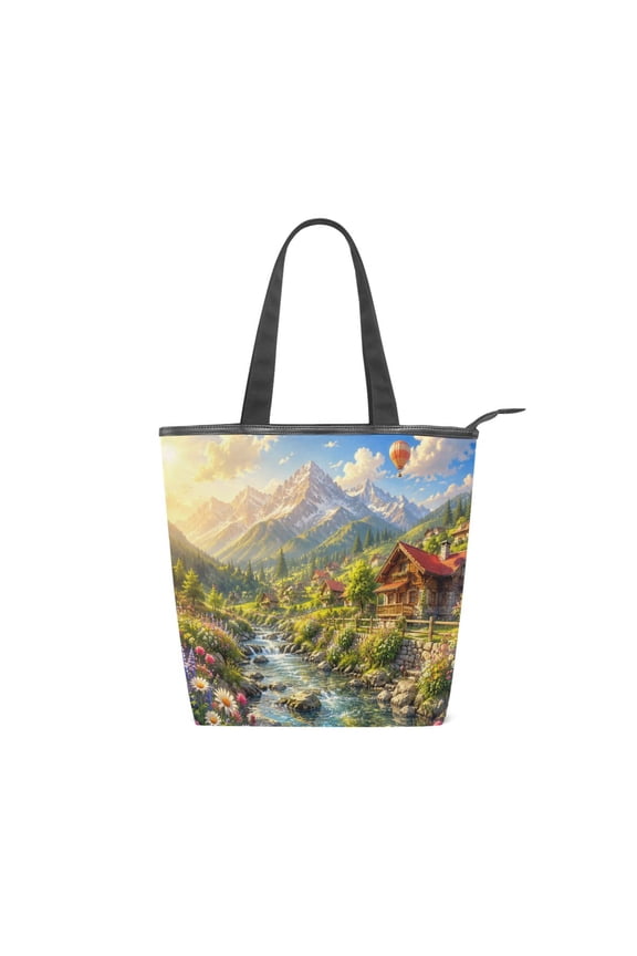 Large Capacity Canvas Tote Bag with Zipper, Durable Canvas & Leather Shoulder Handbag, All-over Print Tote for Work Commuter Shopping Travel Sunny Mountain Village Pattern