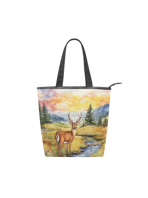 Large Capacity Canvas Tote Bag with Zipper, Durable Canvas & Leather Shoulder Handbag, All-over Print Tote for Work Commuter Shopping Travel Sunset Mountain Stream Deer