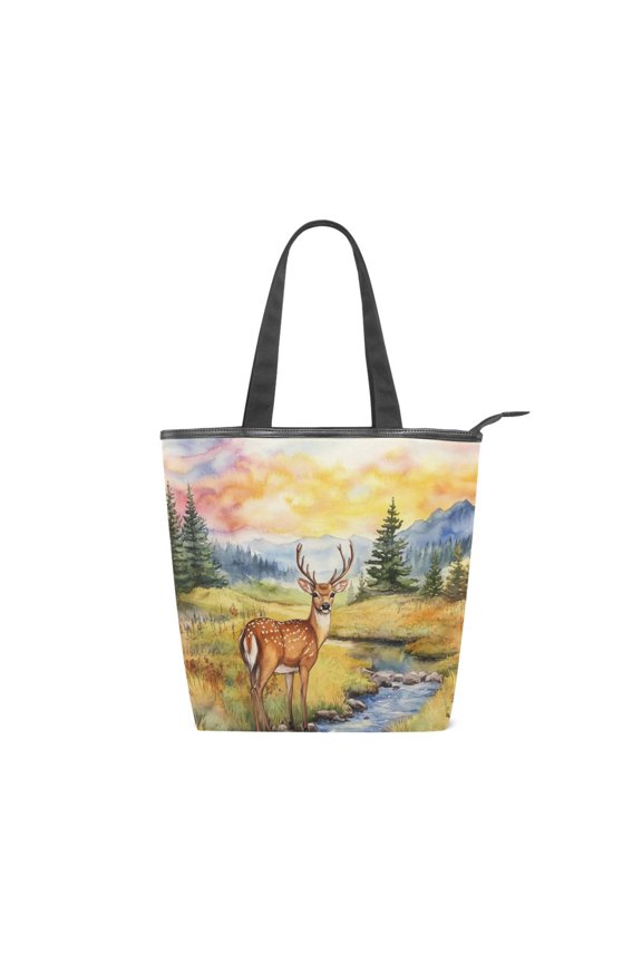 Large Capacity Canvas Tote Bag with Zipper, Durable Canvas & Leather Shoulder Handbag, All-over Print Tote for Work Commuter Shopping Travel Sunset Mountain Stream Deer