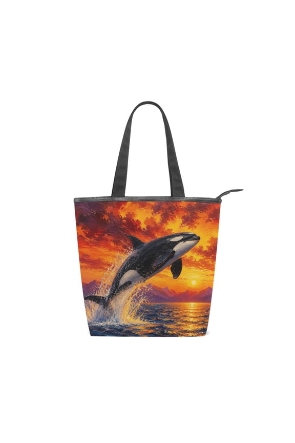 Large Capacity Canvas Tote Bag with Zipper, Durable Canvas & Leather Shoulder Handbag, All-over Print Tote for Work Commuter Shopping Travel Sunset Ocean Orca Painting
