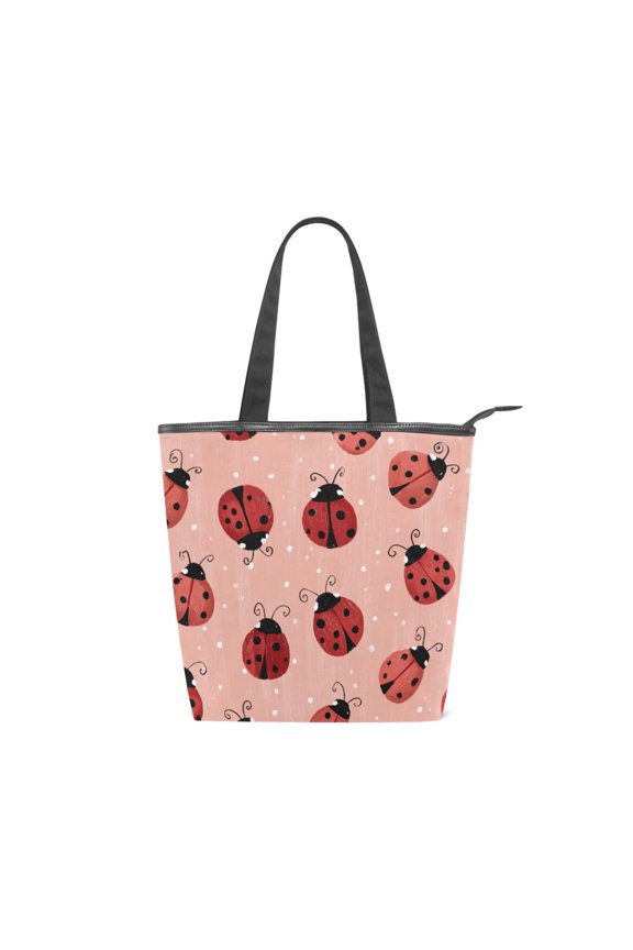 Large Capacity Canvas Tote Bag with Zipper, Durable Canvas & Leather Shoulder Handbag, All-over Print Tote for Work Commuter Shopping Travel Sweet Ladybug Print