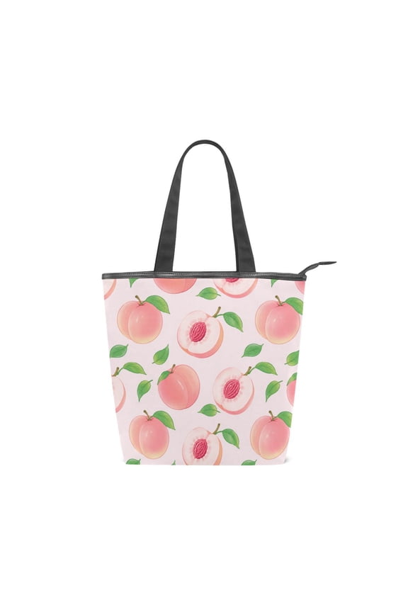 Large Capacity Canvas Tote Bag with Zipper, Durable Canvas & Leather Shoulder Handbag, All-over Print Tote for Work Commuter Shopping Travel Sweet Pink Peach Pattern