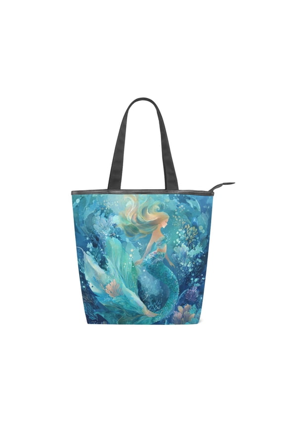 Large Capacity Canvas Tote Bag with Zipper, Durable Canvas & Leather Shoulder Handbag, All-over Print Tote for Work Commuter Shopping Travel Teal Mermaid in Coral Reef