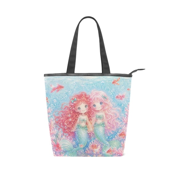 Large Capacity Canvas Tote Bag with Zipper, Durable Canvas & Leather Shoulder Handbag, All-over Print Tote for Work Commuter Shopping Travel Twin Little Mermaids Art
