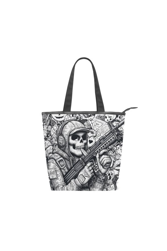 Large Capacity Canvas Tote Bag with Zipper, Durable Canvas & Leather Shoulder Handbag, All-over Print Tote for Work Commuter Shopping Travel Wasteland Tactical Skeleton Print