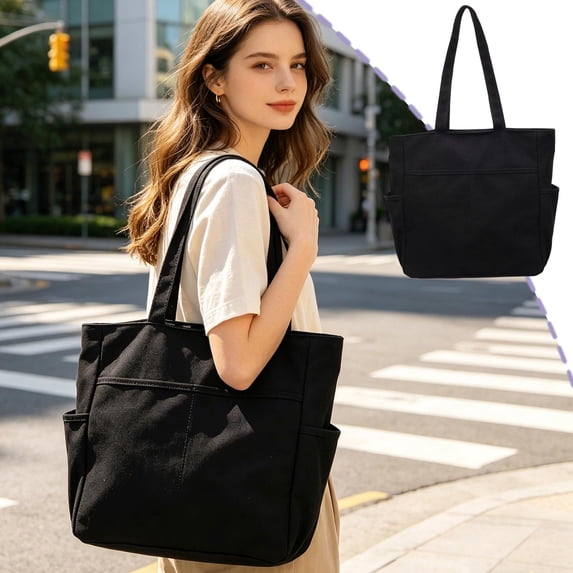 Large Capacity Canvas Tote Bag for Women - Sturdy Handbag for Work, Travel, and Daily Use with Multi Pocket Structure and Comfortable Straps Black