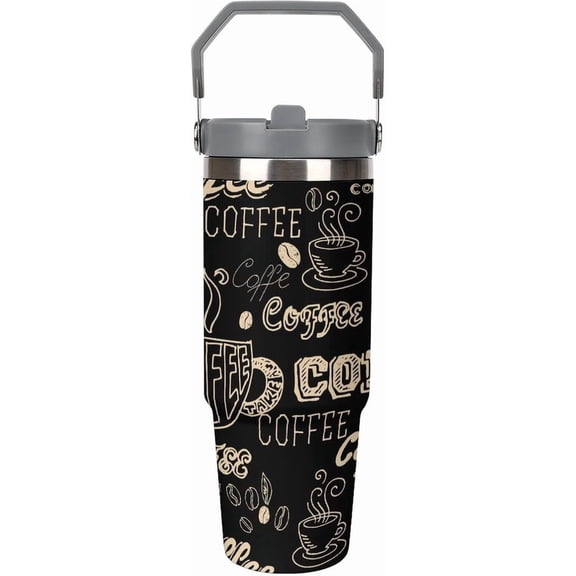 Large Capacity Car Cup 30 Oz Lettering Coffee Menu Pattern Stainless Steel Flip Straw Travel Tumbler Coffee Mug Insulated Water Bottle Tumbler with Lid And Straw LeakProof