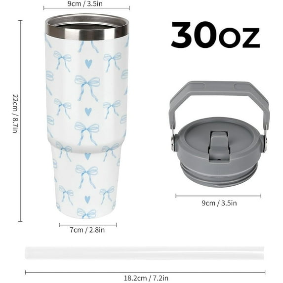 Large Capacity Car Cup 30 Oz Ribbon Bow Heart Blue Stainless Steel Flip Straw Travel Tumbler Coffee Mug Insulated Water Bottle Tumbler with Lid And Straw LeakProof