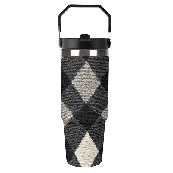 Large Capacity Car Cup 30oz Vacuum Insulation Double Layer Hot Proof Super Capacity Portable Placement Without Water Leakage Argyle Plaid DimGray_2 Black-style